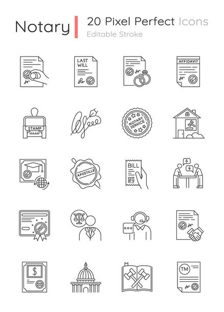 Notario servicios píxel conjunto de iconos lineales perfectos. Apostilla y le
 - Vector, Imagen