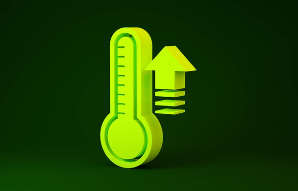 黄緑色の背景に隔離された熱と冷たいアイコンを測定する気象温度計。高温または低温を示す温度計機器。最小限の概念。3Dイラスト3Dレンダリング - 写真・画像