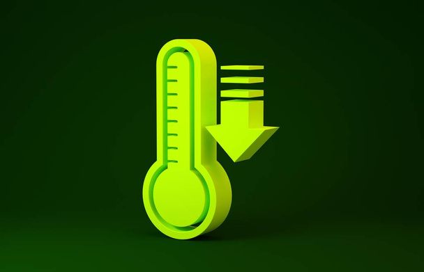 Gele Meteorologie thermometer meten warmte en koude pictogram geïsoleerd op groene achtergrond. Thermometer apparatuur toont warm of koud weer. Minimalisme concept. 3d illustratie 3d renderen - Foto, afbeelding