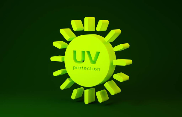 Icona di protezione UV gialla isolata su sfondo verde. Radiazioni ultraviolette. Segno solare SPF. Concetto minimalista. Illustrazione 3d rendering 3D
 - Foto, immagini