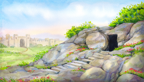 Open empty tomb. Watercolor painting - Photo, Image