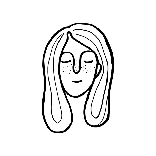 Vector portrait of a girl with freckles dreamily closed eyes and long flowing hair. in cartoon style. Traced drawing of a female head in black ink isolated on white. - Vector, Image