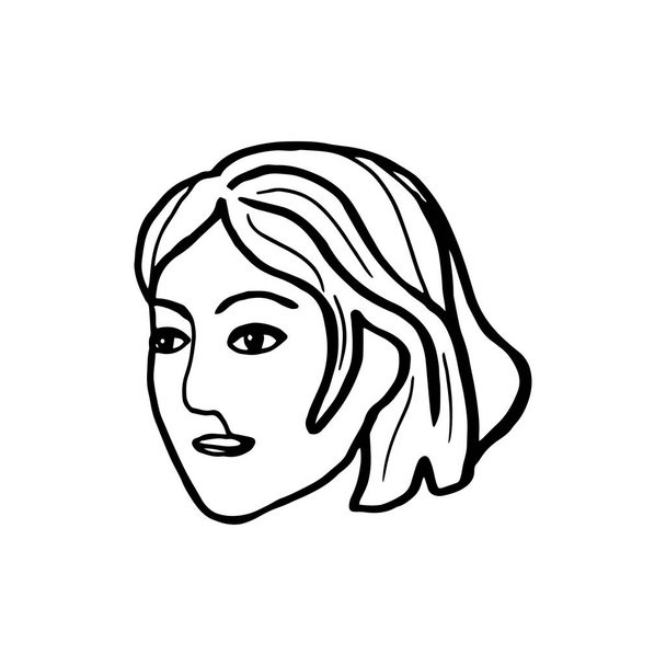 Retrato de la cabeza de una mujer blanca, un giro de tres cuartos. Vector trazó el dibujo del contorno de tinta negra en estilo de dibujos animados. Ilustración de stock vectorial. Aislado sobre blanco. Figura humana
 - Vector, imagen
