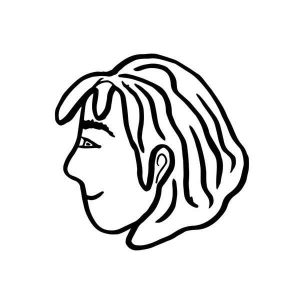Ręcznie rysowany portret młodej kobiety / dziewczynki z krótkimi włosami (caret). Namierzony rysunek wektora ludzkiego profilu patrzącego przed nim. Czarny kontur czarnym tuszem jest izolowany na białym Bg - Wektor, obraz