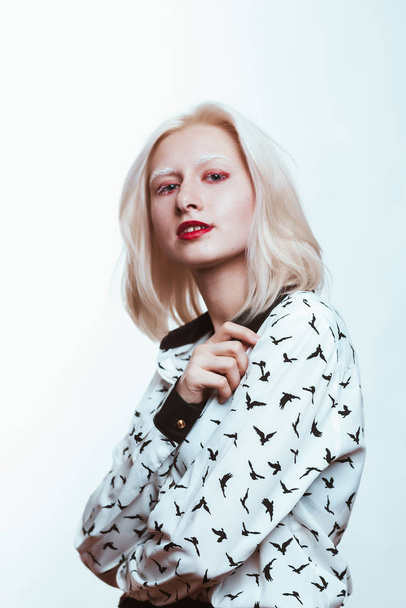 portrait blonde albino girl in studio on white background. - Φωτογραφία, εικόνα