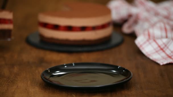 A piece of delicious chocolate mousse cake with raspberries jelly. - Video, Çekim