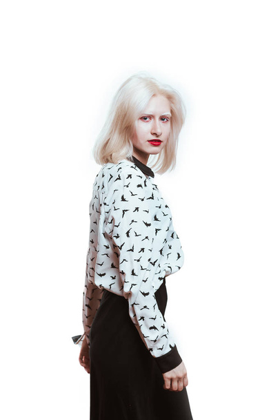 portrait blonde albino girl in studio on white background. - Foto, Imagem