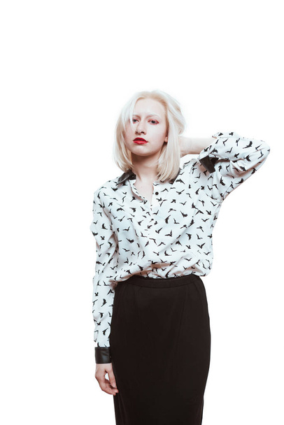 portrait blonde albino girl in studio on white background. - Valokuva, kuva