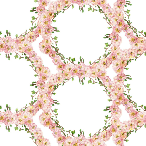 Watercolor hand painted nature romantic floral meadow seamless pattern with pink apple blossom flowers and green leaves in round honeycomb shape on the white background, print for design elements - Foto, Imagem