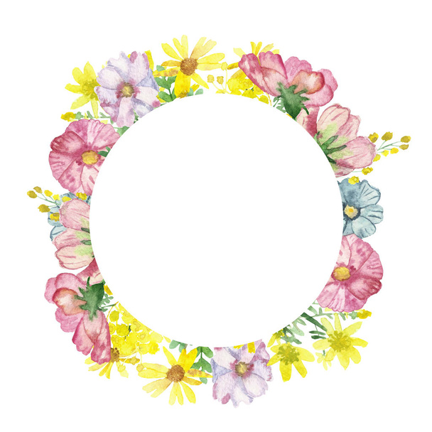 Watercolor hand painted nature floral meadow circle frame with pink acacia, Arnica, wormwood, blue Daisy, yellow dandelion flowers bouquet composition on the white background with the space for text - Foto, imagen