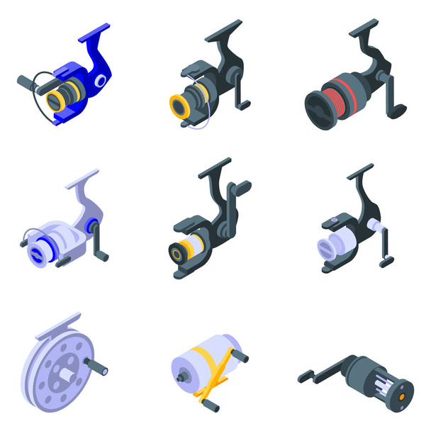 Fishing reel icons set, isometric style - Vettoriali, immagini