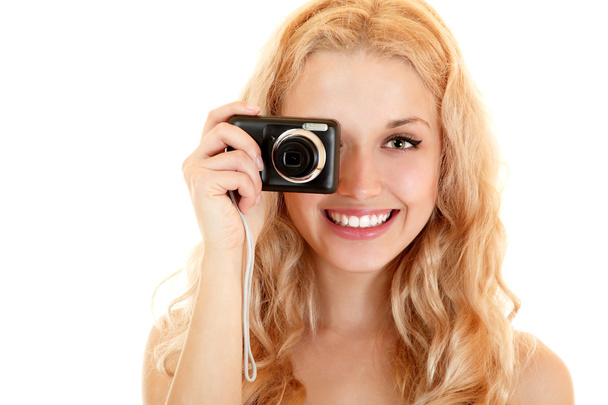 Happy young woman doing photos with still camera - Фото, зображення