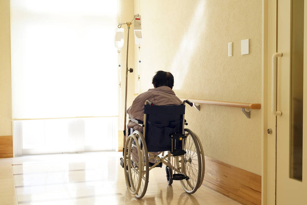 Back view of senior or elderly woman on wheelchair at hospital hallway - Photo, image