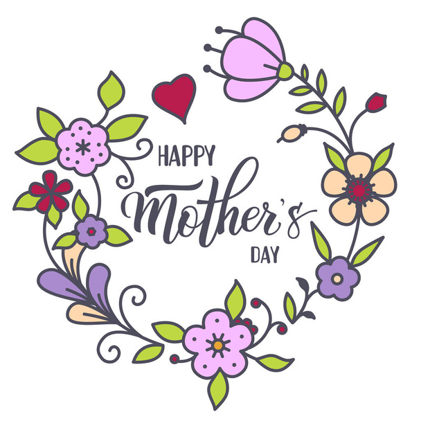 Original handwritten lettering quote Happy Mother's Day, flat cartoon flowers wreath and heart.  Calligraphic inscription can be use for greeting card, poster, icon, print and web projects - Vetor, Imagem