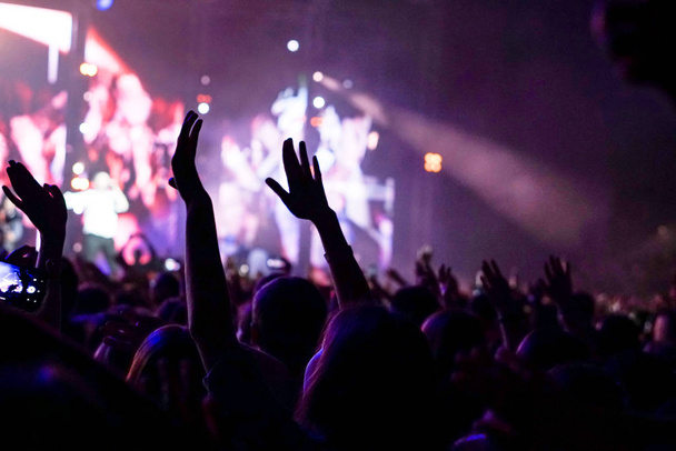 πλήθος σε μια μουσική συναυλία, κοινό, υψώνοντας τα χέρια - Φωτογραφία, εικόνα