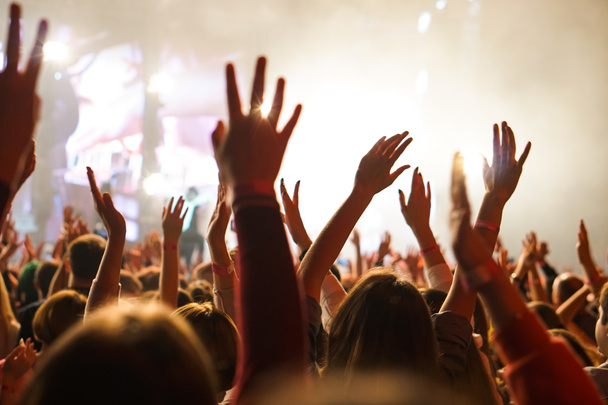 Crowd at a music concert, audience raising hands up - Photo, Image