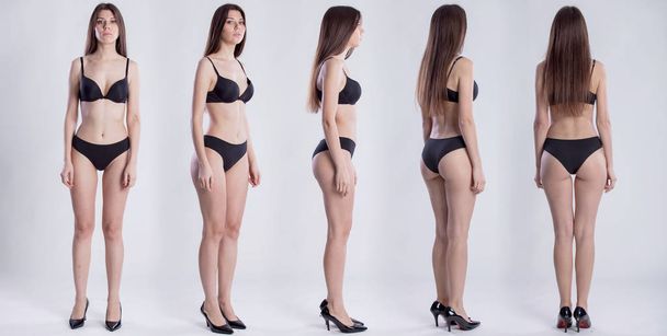 Collage snap long hair models. Full length beautiful slim tanned woman in black underwear, with no retouching on gray background - Photo, Image