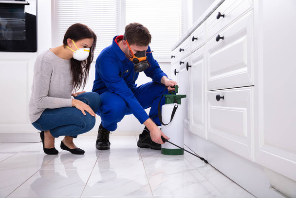 Woman Looking At Male Pest Control Worker Spraying Pesticide On Wooden Cabinet - Photo, image