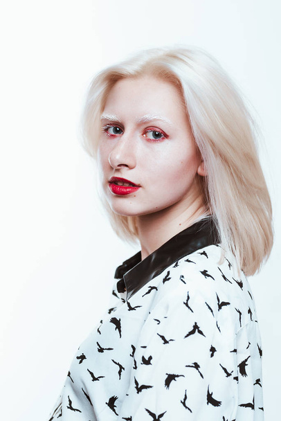 portrait blonde albino girl in studio on white background. - Фото, зображення