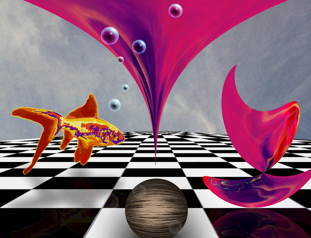 Surreal composition. Pink matter on chessboard, sphere and golden fish - Photo, Image