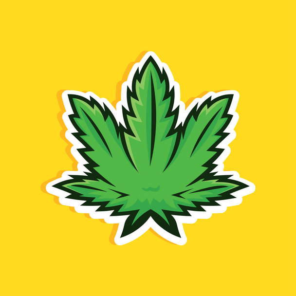 Cartoon-Stil Cannabis-Blatt auf gelbem Hintergrund. grünes Marihuana-Blatt-Vektorsymbol, Logo, Druck. - Vektor, Bild