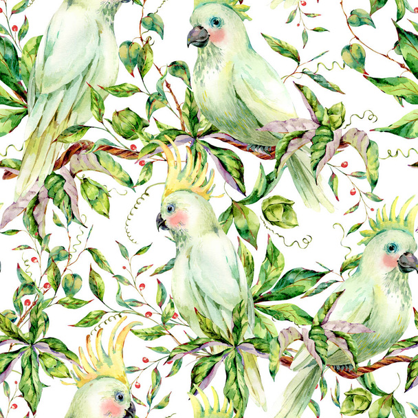 Watercolor white parrot summer seamless pattern with flowers - Photo, Image