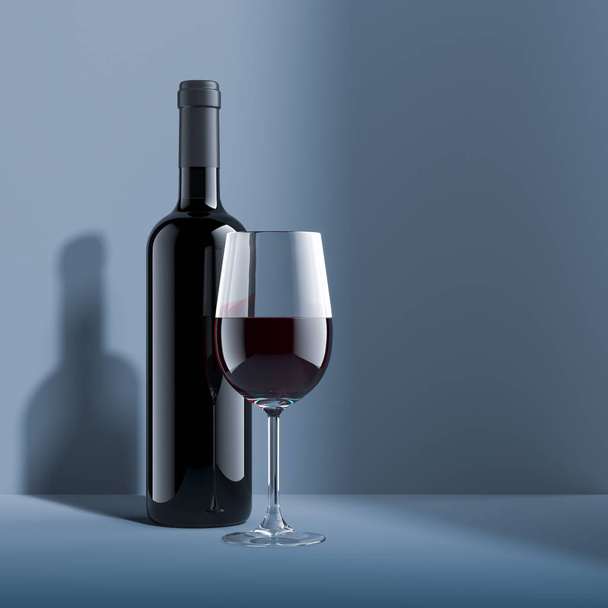 Realistické sklenice červeného vína a prázdné láhve vína izolované na minialistické šedé a modré pozadí. 3D vykreslování. - Fotografie, Obrázek