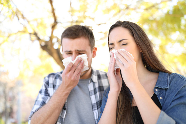 Sick couple sneezing together covering mouth with wipes in a park - Foto, Bild