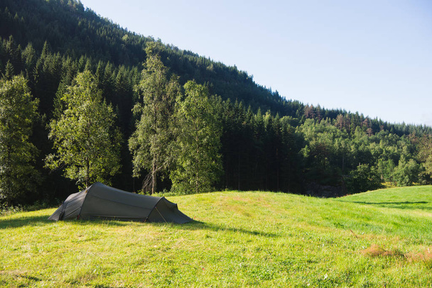Summer landscape with camp tent forest in Gudvangen, Neirofjord, Norway  - Fotoğraf, Görsel