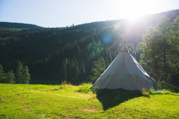 Summer landscape with camp tent forest in Gudvangen, Neirofjord, Norway  - Valokuva, kuva