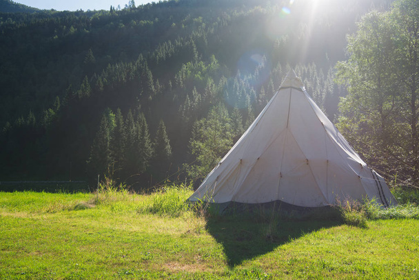 Summer landscape with camp tent forest in Gudvangen, Neirofjord, Norway  - Foto, Imagen