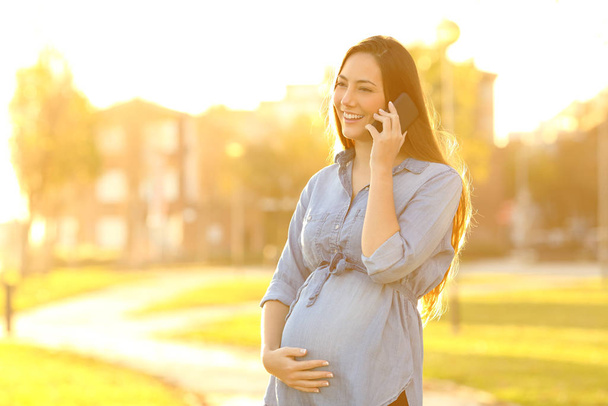Happy pregnant woman talking on phone standing at sunset in a park - Foto, imagen