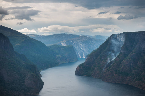 Majestic view of sea and Aurlandsfjord from Stegastein viewpoint, Aurland, Norway - Fotoğraf, Görsel