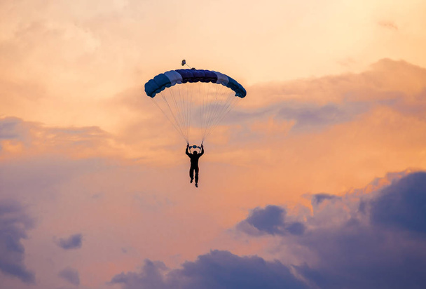 Parachutist falling from the sky in evening sunset dramatic sky. Recreational sport, Paratrooper silhouette on colored sky. - Zdjęcie, obraz