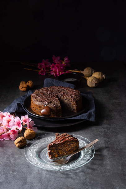 juicy poppy seed cake with apples and chocolate glaze - Foto, Bild