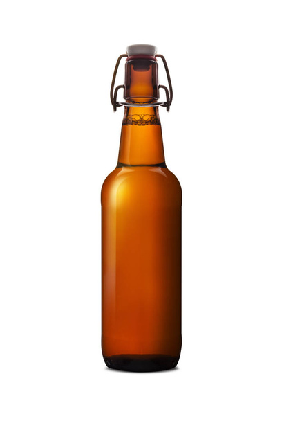Old brown bottle filled with of beer isolated on white background - Fotografie, Obrázek