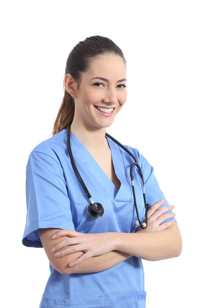 Happy nurse or doctor posing folding arms on isolated white background - Foto, Imagem