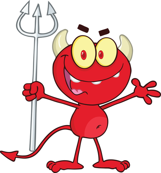 Cute Little Red Devil Holding Up A Pitchfork - Photo, Image
