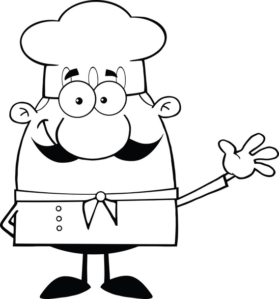 biało-czarny ładny mały kucharz kreskówka macha na powitanie - Zdjęcie, obraz