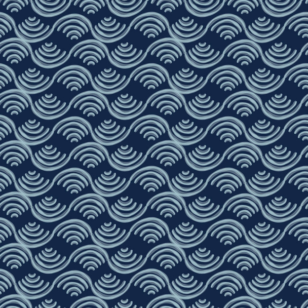 Shibori Arkaplanı. Boya mavisi mavi dalga dokusu. Beyazlatılmış, el yapımı, kusursuz desen. Suluboya Su Nehri. Klasik Japon ya da Endonezya baskısı. Vektör Döşeme 10 Eps tekrarla - Vektör, Görsel