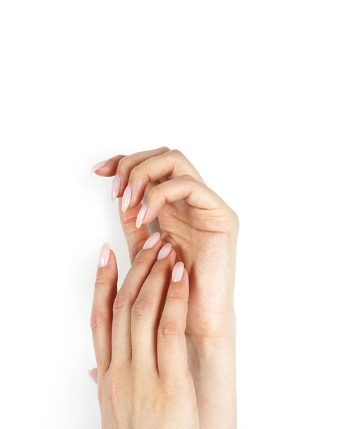 Classic pink manicure. Young womans hands on peach and white background. - Φωτογραφία, εικόνα