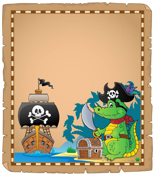 Parchment with pirate crocodile on coast - picture illustration. - 写真・画像