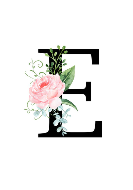 Floral monogram (letter) - decorated with a watercolor rose and leaves - Photo, Image