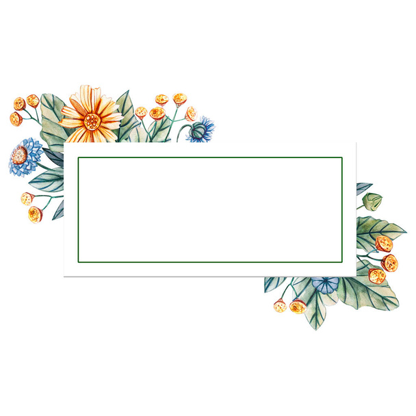 Floral vierkante frame van aquarel wilde bloemen. Er is een plek voor tekst. Bloemen geïsoleerd op witte achtergrond. - Foto, afbeelding
