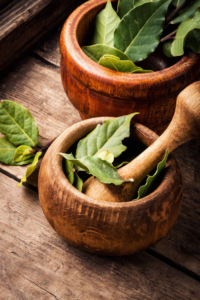 Bay leaves in bowl on rustic wooden background.Bay leaf is a popular seasoning in cooking - Foto, imagen