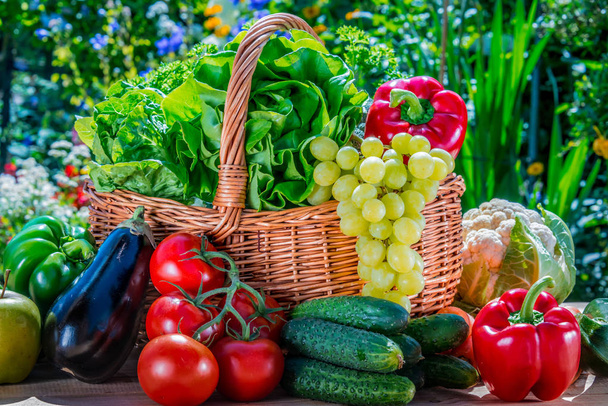 Varietà di frutta e verdura fresca biologica in giardino
 - Foto, immagini