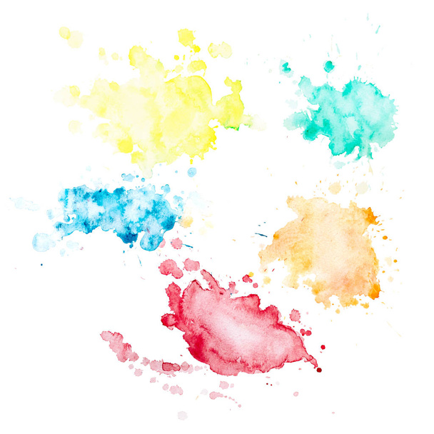 Set of 5 watercolor blots with splashes and stains. Watercolor spots of yellow, orange, blue, green and red flowers. Isolated blots on a white background, drawn by hand. - Фото, изображение