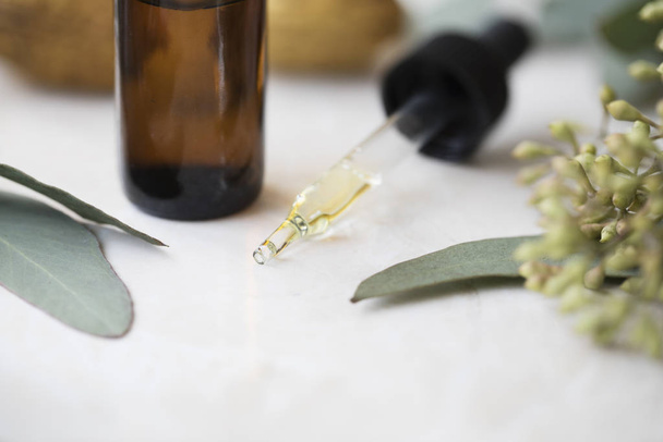 Dropper full of eucalyptus oil with leaves and bottle surrounding it. - Foto, immagini