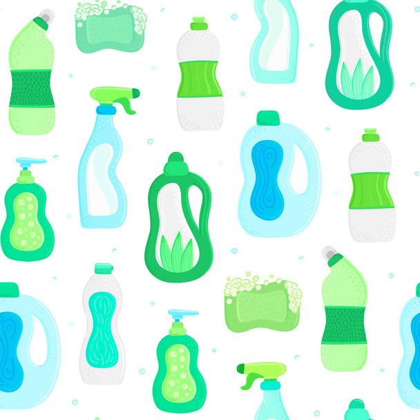 Seamless pattern. Eco friendly household cleaning supplies. Natural detergents. Products for house washing. Non chemical cleaners. Green home. Flat design. Leaflet, brochure, lable, package. Vector - Photo, image