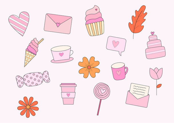 Valentin elemek szív, cukorka, fagylalt, cupcake, esküvői torta, kávé csésze, tea csésze, bögre, levél, boríték és virágok - Vektor, kép